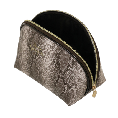 Bolsa de maquilhagem cinza com padrão de pele de cobra e fecho dourado aberta