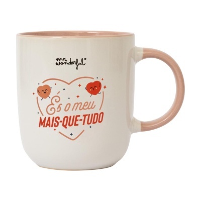 Caneca de cerâmica com texto És o meu mais-que-tudo e corações sorridentes
