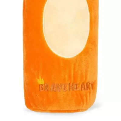 Capa laranja em tecido macio com recorte oval bege e texto BRAVEHEART bordado