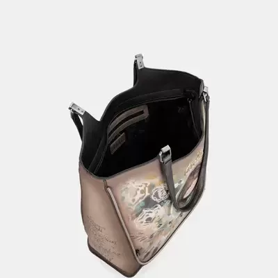 Mala de mão tipo tote bege metalizada com padrão abstrato e interior preto