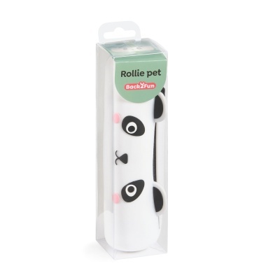 Estojo escolar cilíndrico branco com padrão de panda preto e rosa