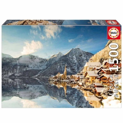 Caixa de quebra-cabeças EDUCA 1500 peças com imagem de vila nevada junto a lago e montanhas