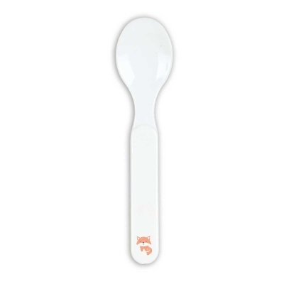 Colher branca de plástico com desenho de raposa laranja no cabo