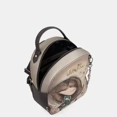 Mochila bege e castanha com estampa de rapariga e texto dourado Anekke
