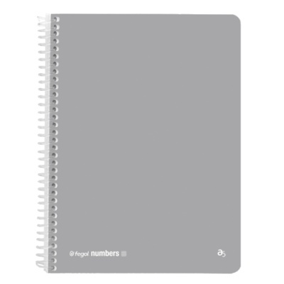 Caderno espiral com capa cinza e texto branco