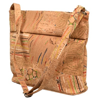 Mala tiracolo de cortiça bege com padrões multicoloridos e alça ajustável