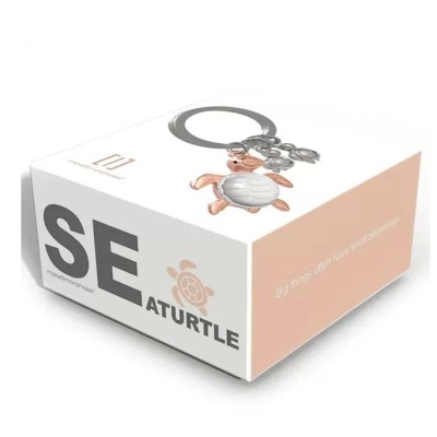 Caixa de embalagem para porta-chaves em forma de tartaruga com texto visível