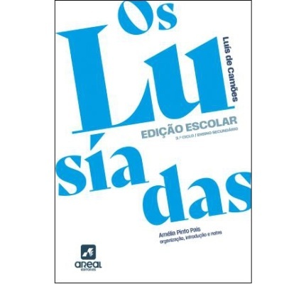 Capa do livro Os Lusíadas de Luísa Camões em fundo branco com texto azul e cinzento