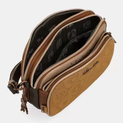 Bolsa castanha e bege com múltiplos compartimentos abertos e fechos de correr.