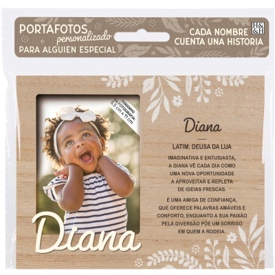 Porta-fotos de madeira personalizada com o nome Diana e texto explicativo