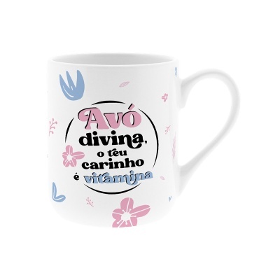 Caneca branca com texto e decoração floral rosa e azul