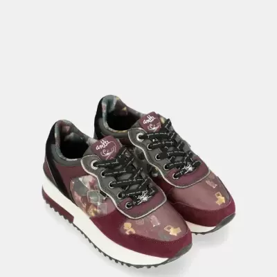 Sapatilhas desportivas bordô com padrões florais e atacadores pretos