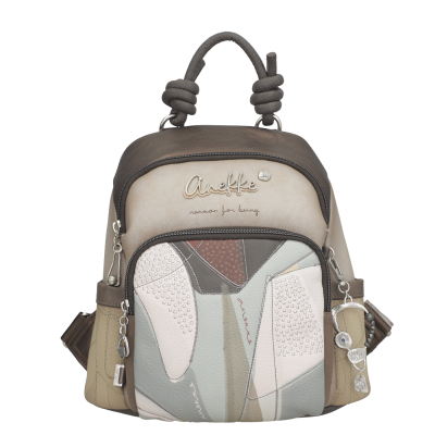 Mochila Anekke castanha e bege com padrões abstratos e zíper frontal