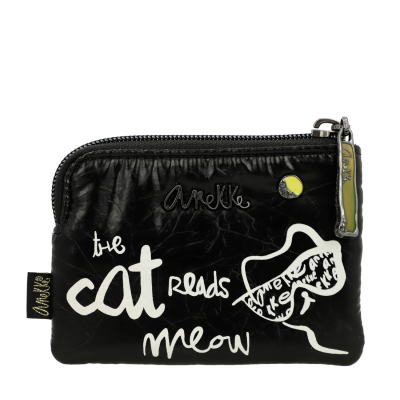 Carteira pequena preta com texto e desenho de gato em branco