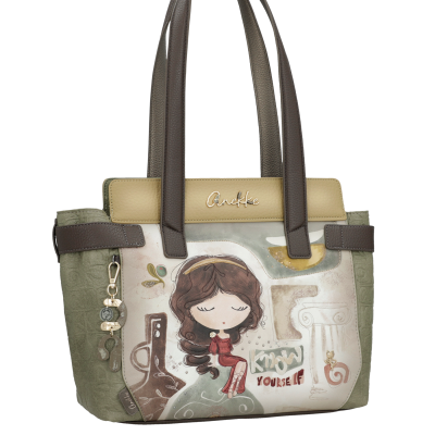 Mala feminina verde e bege com desenho de menina, texto Know Yourself e marca Anekke