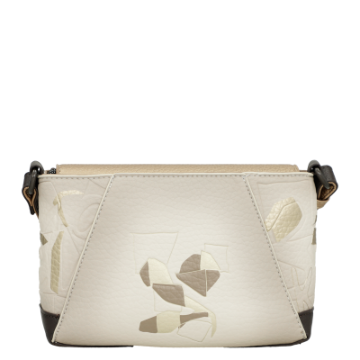 Mala de mão branca com detalhes castanhos e padrão abstrato em relevo