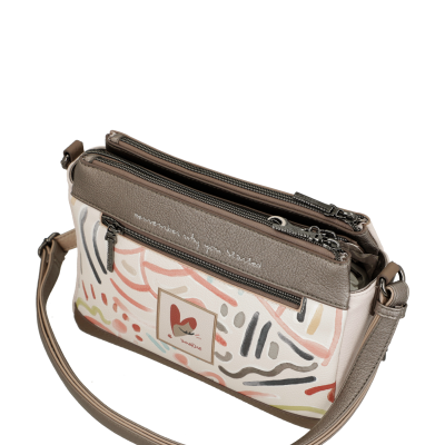 mala de ombro bege e castanha com padrão abstrato e fechos de correr
