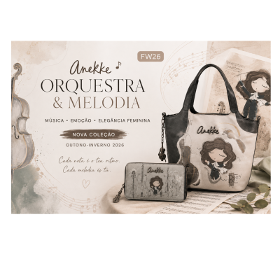 Mala e carteira da coleção Anekke Orquestra & Melodia com ilustrações musicais e personagem feminina