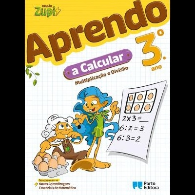 Capa de livro Aprendo a Calcular 3.º ano com personagens animados e exemplos de multiplicação e divisão