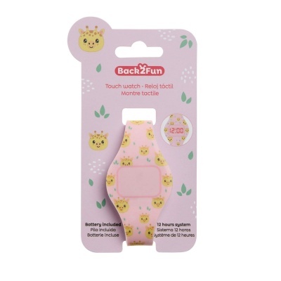 Relógio tátil infantil cor-de-rosa com estampado de girafas amarelas