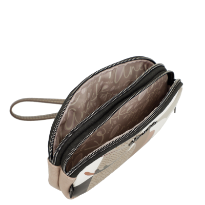 Bolsa pequena branca e preta com fechos e interior decorado