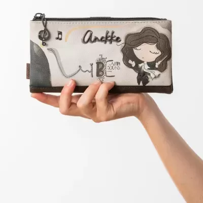 Carteira Anekke bege e castanha com desenhos e fecho zip