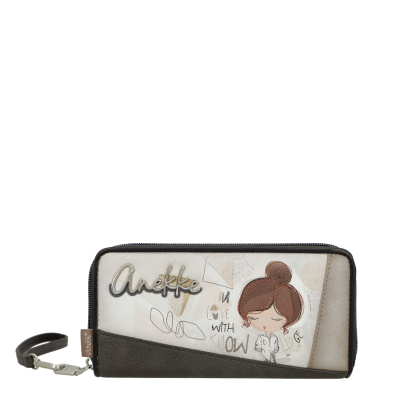 Carteira retangular bege e castanha com ilustração e texto decorativo