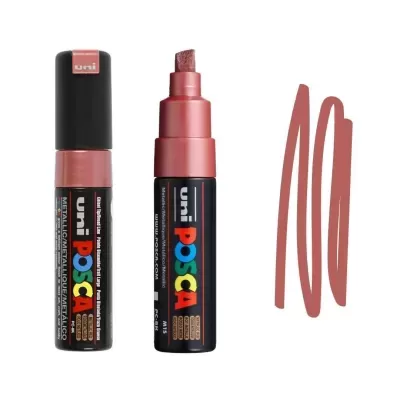 Marcador uni POSCA metálico rosa com ponta chanfrada e traços de cor