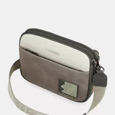 Mala tiracolo cinza com bolso exterior e alça ajustável bege