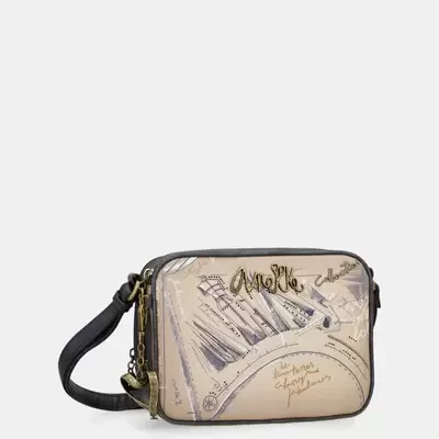 Mala de ombro retangular com padrão ilustrado e alça preta