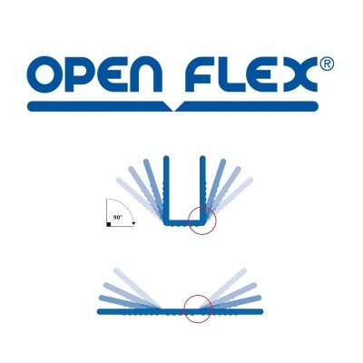 Logotipo OPEN FLEX com ilustrações azuis de suporte flexível em vários ângulos
