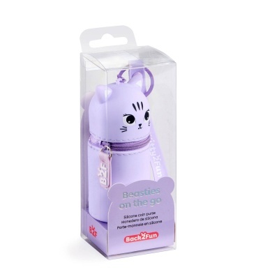 Carteira em silicone lilás com design de gato e embalagem transparente