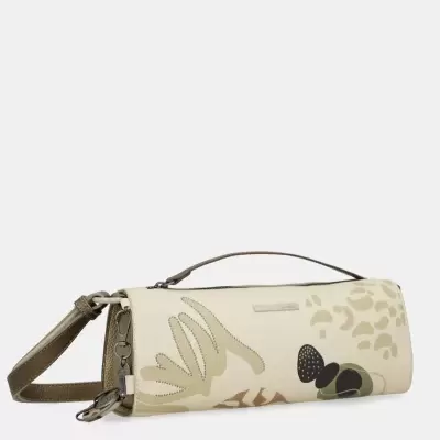 Mala feminina cilíndrica bege com padrão abstrato e alça castanha