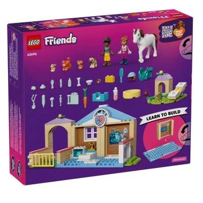 Caixa do conjunto LEGO Friends 42696 com figuras, animais e peças para montar prédio pequeno colorido.