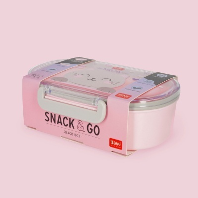 Caixa para snacks rosa com desenho de gato e texto Snack & Go