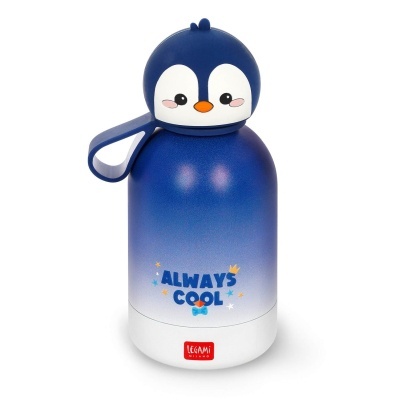 Garrafa térmica infantil azul e branca com tampa de pinguim e texto Always Cool