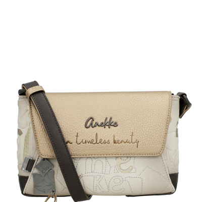 Mala de ombro Anekke bege e branca com tira castanha e pendente metálico