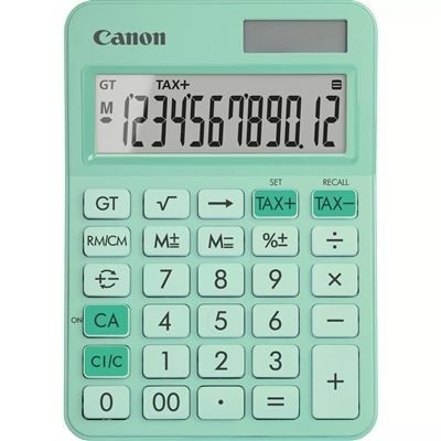 Calculadora Canon verde água com ecrã digital, botões brancos e verdes.