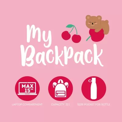 Gráfico com texto my BackPack, cerejas, urso e ícones de mochila, laptop, capacidade e bolso para garrafa
