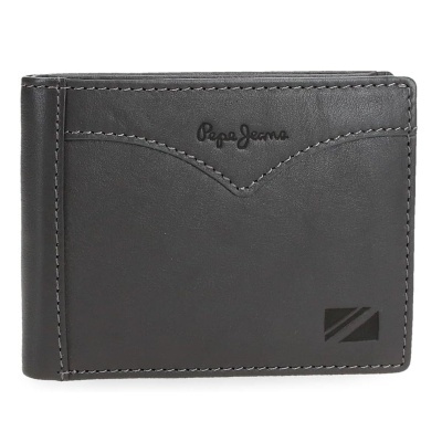 Carteira masculina de pele castanha escura com costuras cinzentas e logo Pepe Jeans