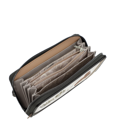 Carteira cinzenta com vários compartimentos e fecho de correr