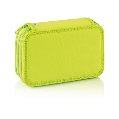 Estojo escolar verde fluorescente com dois fechos de correr e etiqueta kitart