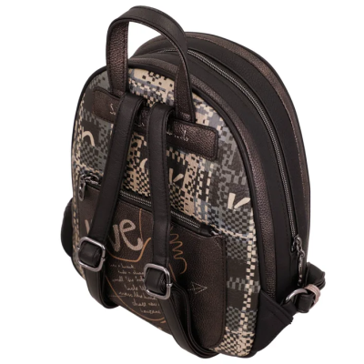 Mochila pequena com padrão geométrico e alças de couro castanho escuro