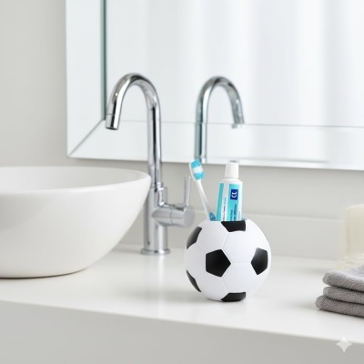 Suporte em forma de bola de futebol para escovas de dentes na pia da casa de banho