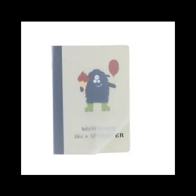 Caderno com capa branca e ilustração de monstro azul segurando balão e sorvete