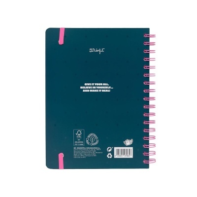Caderno espiral azul com texto motivacional e elásticos cor-de-rosa