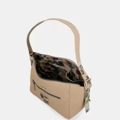 Mala de ombro bege em pele sintética com padrão texturizado e interior estampado