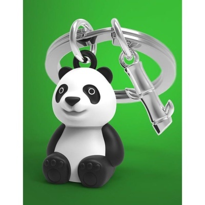 Porta-chaves panda preto e branco com pendente bambu prateado