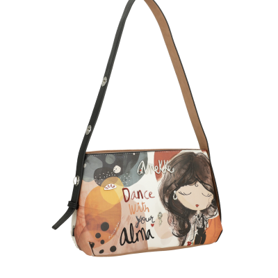 Mala de ombro colorida com ilustração de rapariga e texto artístico