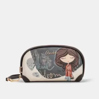 Necessaire Anekke com estampa feminina e texto em cinza e bege